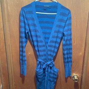 Carol Rose Blue Striped Cardigan with Tie Waist Winter Spring Chic